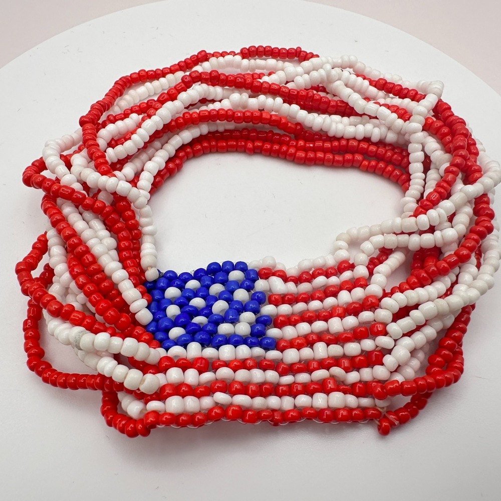 Vintage 90s Y2K American Flag Multi Strand Seed Beaded Stretch Bracelet Jewelry